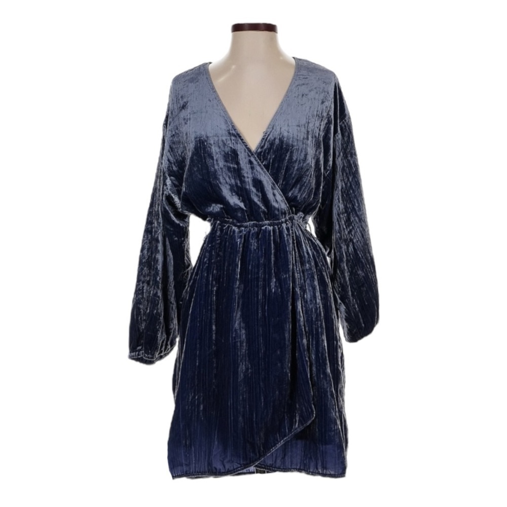 Anthropologie Crushed Velvet Wrap Mini Dress Long Sleeve Blue XS NWT Cocktail